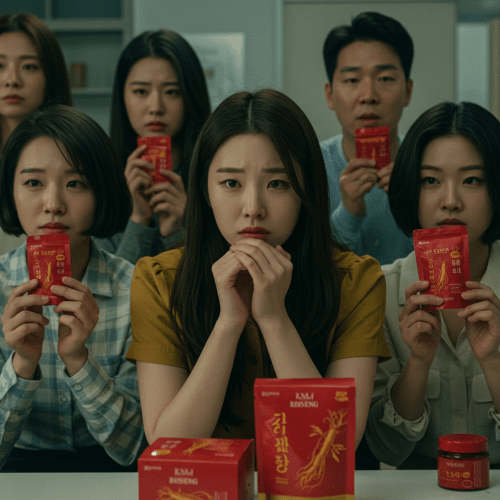 다양한 연령대의 사람들이 홍삼 제품을 들고 고민하는 듯한 표정을 짓고 있는 이미지