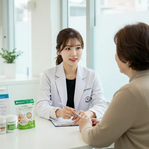 홍삼 섭취 피해야 할 사람, 이런 분들은 꼭 조심 6 전문의가 환자와 상담하며 건강기능식품에 대해 조언하는 모습