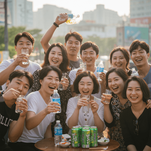 탄산수를 마시며 밝게 웃는 다양한 사람들의 모습
