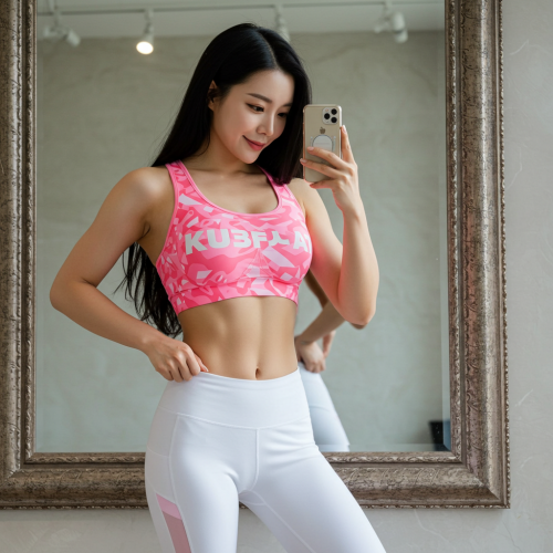 운동복을 입고 거울 앞에서 자신의 복근을 확인하며 만족하는 사람의 모습