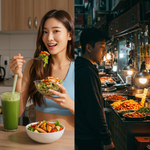 배가 고픈 표정을 짓는 사람과 함께 건강한 식단과 운동을 하는 사람의 모습이 대비되는 사진